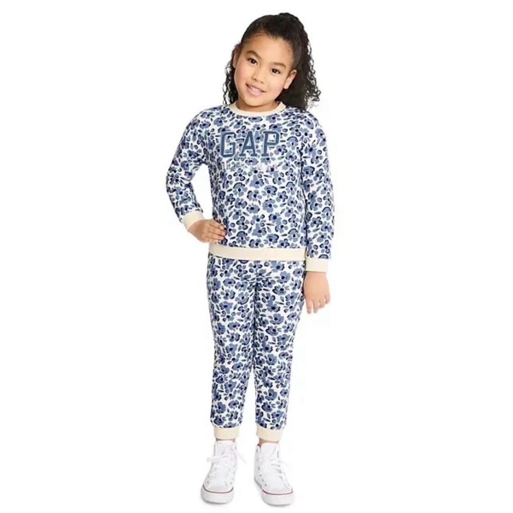 GAP Kids Logo Fleece Set - Blue and Cream Floral Crewneck Sweater and Jogger Set